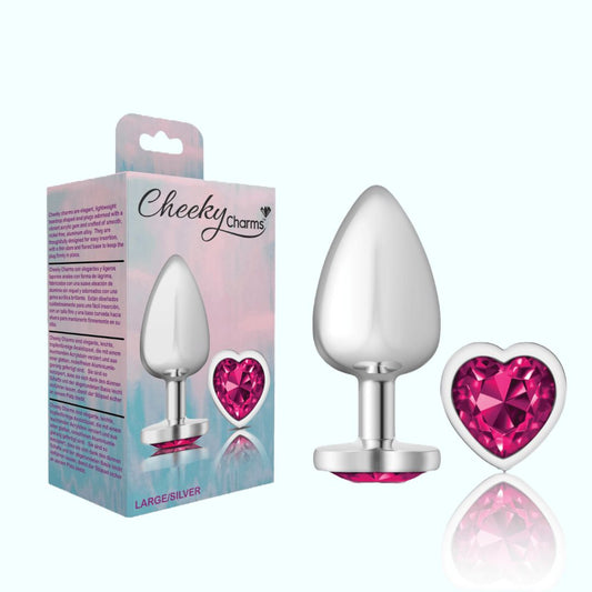 Cheeky Charms Silver Large Metal Butt Plug - Heart-Shaped Bright Pink 1080