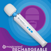 A Magic Wand Rechargeable HV-270 Personal Massager, in white and blue, is set against a vibrant background featuring abstract shapes in purple and blue shades. With its flexible neck, this product from the Magic Wand brand promises powerful vibrations. The text "magicwand RECHARGEABLE" is featured at the bottom.