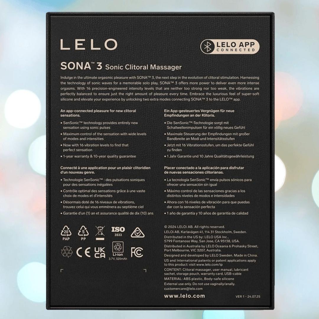The back of a LELO Sona 3 - Cream box lists features, compatibility info, multilingual instructions, certification logos, and the LELO website, all presented on a sleek black background. The back of a LELO Sona 3 - Cream box lists features, compatibility info, multilingual instructions, certification logos, and the LELO website, all presented on a sleek black background.