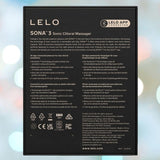 The back of a LELO Sona 3 - Cream box lists features, compatibility info, multilingual instructions, certification logos, and the LELO website, all presented on a sleek black background. The back of a LELO Sona 3 - Cream box lists features, compatibility info, multilingual instructions, certification logos, and the LELO website, all presented on a sleek black background.