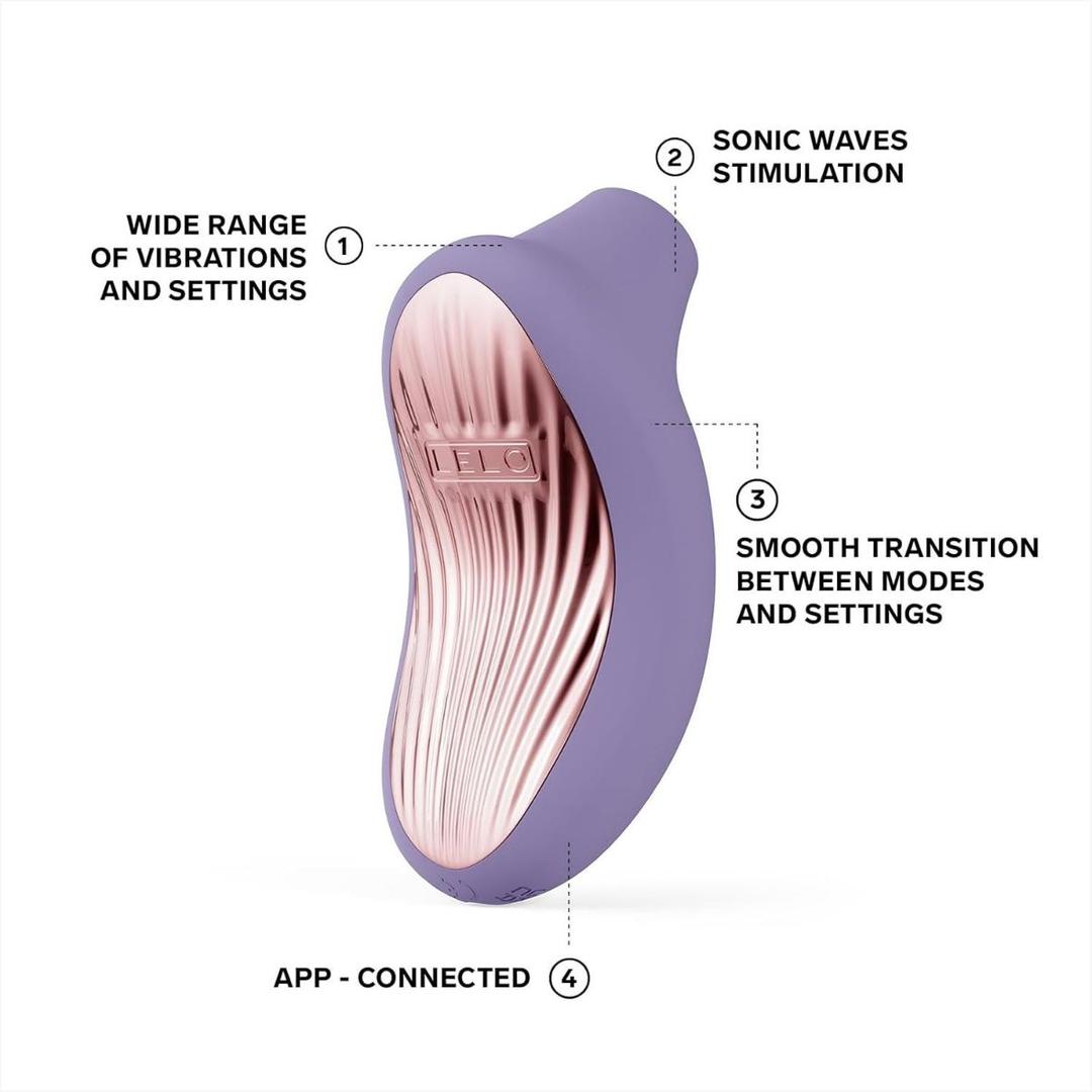 The LELO Sona 3 - Violet Dusk is a purple and rose gold curved device with SenSonic tech, offering a wide range of vibration settings, smooth mode transitions, sonic pleasure stimulation, and app connectivity. The LELO Sona 3 - Violet Dusk is a purple and rose gold curved device with SenSonic tech, offering a wide range of vibration settings, smooth mode transitions, sonic pleasure stimulation, and app connectivity.