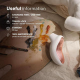 The LELO Sona 3 - Cream, a white and rose gold device, sits on a wooden artist’s palette with paint and brushes. The image highlights charging, travel lock, standby time, and waterproof features. The LELO Sona 3 - Cream, a white and rose gold device, sits on a wooden artist’s palette with paint and brushes. The image highlights charging, travel lock, standby time, and waterproof features.
