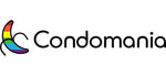 A rainbow-colored banana illustration next to the word "Condomania" written in a modern, black, rounded font. The banana's shape and rainbow colors create a playful and vibrant look.