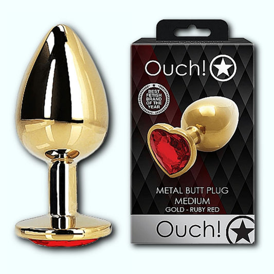 Shots Ouch! Heart Gem Butt Plug Medium - Gold/Ruby Red 1080