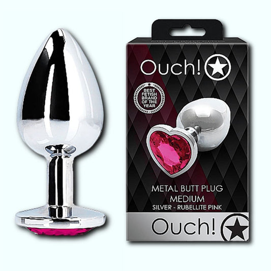 Shots Ouch! Heart Gem Butt Plug Medium - Silver/Rubellite Pink 1080