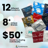 An array of condom packets from various brands with overlaying text reading, "12 Different Condoms, 8+ Unique Brands, $50+ Saved vs. buying individually." The Condomania logo is displayed at the bottom. Experience a variety of sensations with our Ultra Thin Condom Sampler. The background features blurred lights.