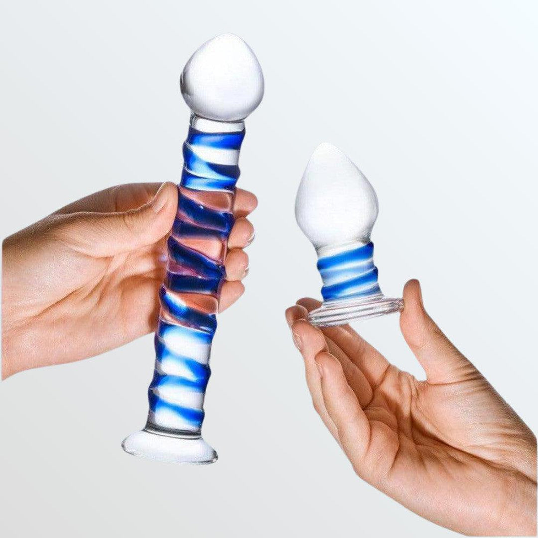 Gläs Double Penetration Swirly Glass Dildo and Butt Plug Set –  Condomania.com