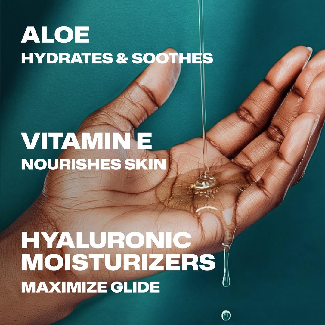 A hand with lubricant being poured onto the palm, featuring text: “Aloe hydrates & soothes, Vitamin E nourishes skin, Hyaluronic moisturizers maximize glide,” against a teal background—highlighting the gentle care of Trojan H2O Sensitive Touch with Aloe Lubricant | 5.5oz by Trojan, a water-based formula designed for sensitive skin.