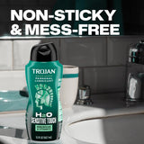 A bottle of Trojan H2O Sensitive Touch with Aloe Lubricant | 5.5oz sits on a bathroom sink, with the text “NON-STICKY & MESS-FREE” in bold white letters above it.