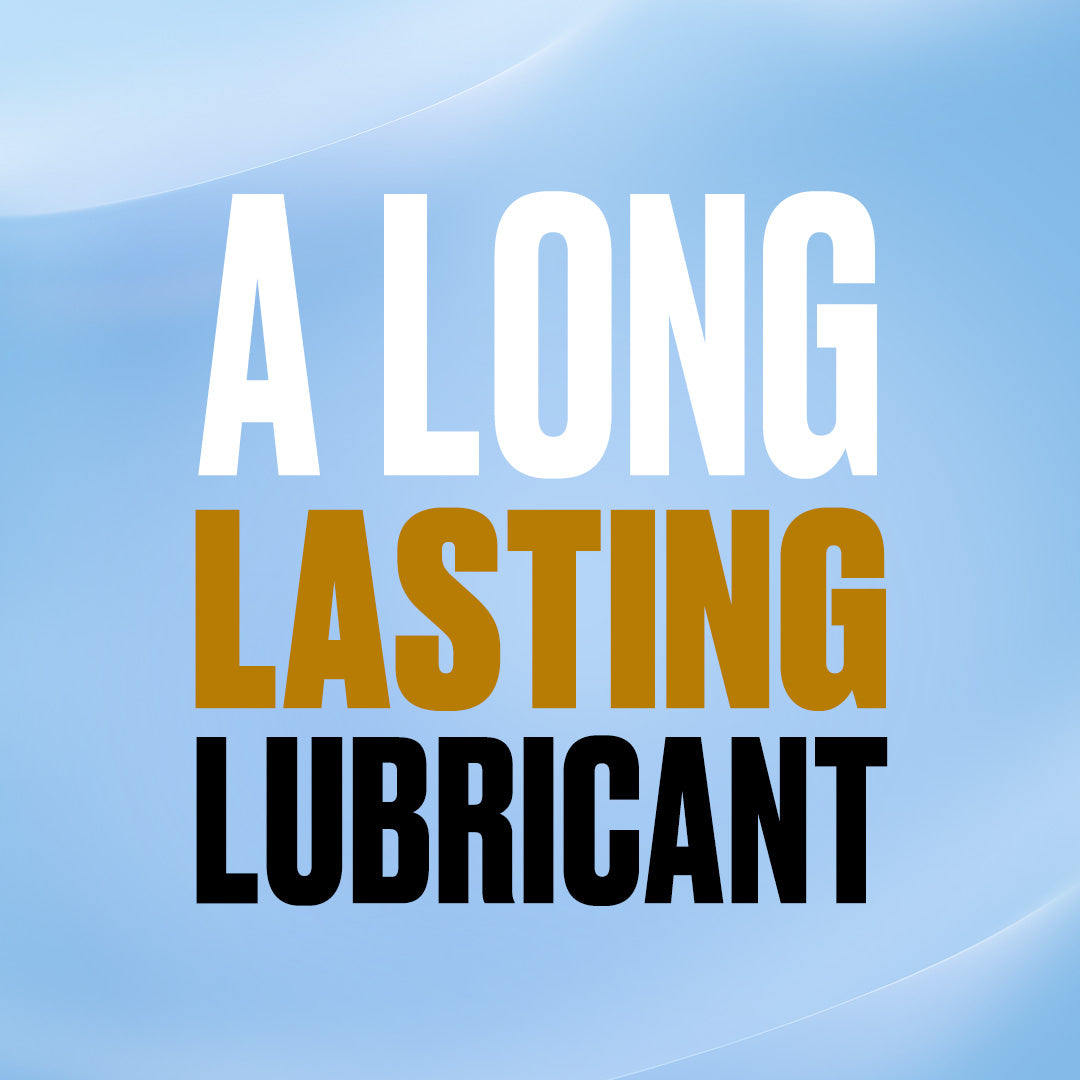 Text graphic with a blue background displaying the words: “TROJAN INFINITE GLIDE – PREMIUM SILICONE-BASED PERSONAL LUBRICANT” in large bold white, gold, and black letters, emphasizing the long-lasting qualities of Trojan’s premium 3oz lubricant.