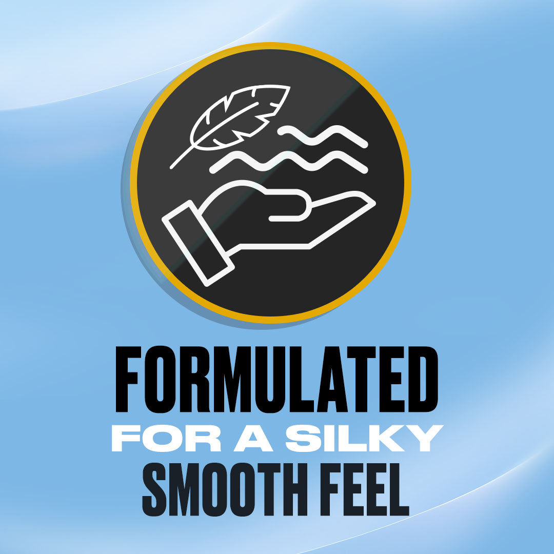 A graphic of a hand holding a feather and waves, evoking softness, features the text: “FORMULATED FOR A SILKY SMOOTH FEEL” on a blue background—perfectly reflecting the gentle touch of Trojan Infinite Glide, our premium silicone-based personal lubricant.