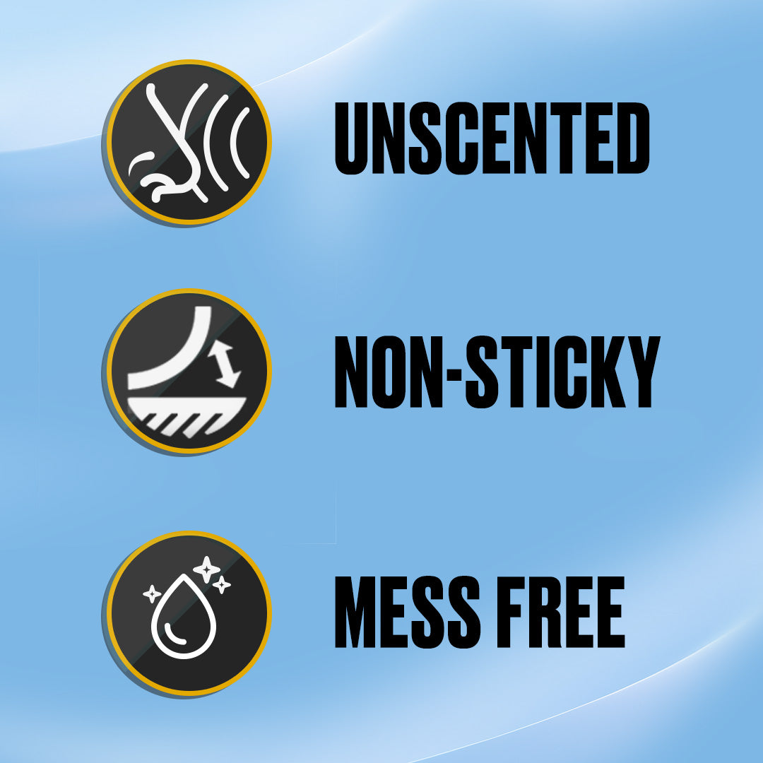 Three icons with text on a light blue background highlight the benefits of Trojan Infinite Glide - Premium Silicone-Based Personal Lubricant: “UNSCENTED” next to abstract lines, “NON-STICKY” by a smooth arrowed surface, and “MESS FREE” beside a sparkling droplet.