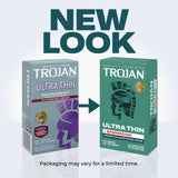 Two boxes of Trojan Ultra Thin Armor Condoms with Spermicide are shown side by side. The old silver box contrasts the new teal design and updated graphics. "NEW LOOK" appears above these sensitive latex condoms from Trojan.