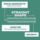 Illustration of Trojan Ultra Thin Armor Condoms with Spermicide by Trojan, featuring a special reservoir tip for safety, straight shape, ultra thin latex for natural feel, and secure fit benefits on a green background.