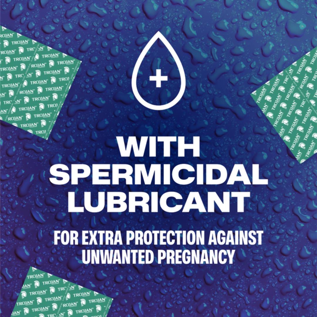 Blue background with water droplets, condom wrappers in corners, and a droplet icon. Large text: "Trojan Ultra Thin Armor Condoms with Spermicide—sensitive latex condoms by Trojan for extra pregnancy protection.