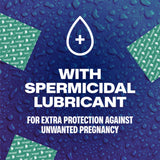 Blue background with water droplets, condom wrappers in corners, and a droplet icon. Large text: "Trojan Ultra Thin Armor Condoms with Spermicide—sensitive latex condoms by Trojan for extra pregnancy protection.