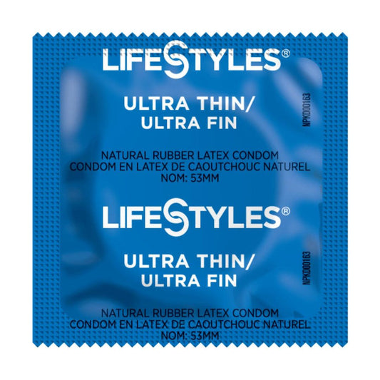 A blue wrapper for the Free Sample: LifeStyles Ultra Thin Condoms (Limit 1) by Condomania notes its natural rubber latex for heightened sensation, and size 53mm, labeled "Ultra Thin/Ultra Fin" in English and French. 1080
