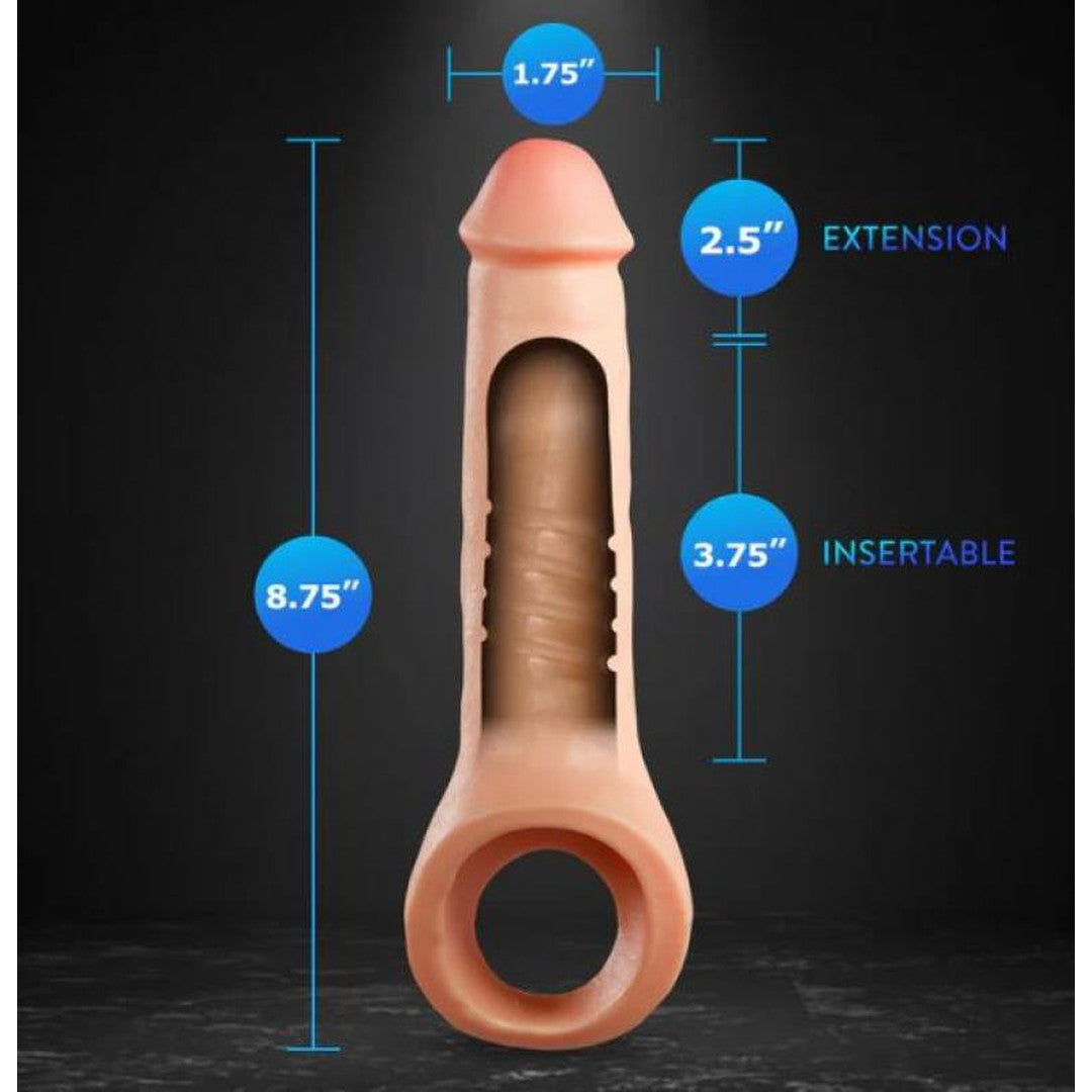 The Performance Plus Thrive 2.5" Penis Xtender in beige by Blush Novelties is displayed against a dark backdrop. The product specifications include an overall length of 8.75 inches, an extension of 2.5 inches, an insertable length of 3.75 inches, and a ring diameter of 1.75 inches.