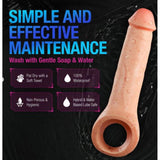 Image of a beige silicone ring from the Performance Plus Thrive 2.5" Penis Xtender by Blush Novelties, crafted with Sensa Feel® Dual Density Silicone. Bullet points highlight care instructions: "Pat dry with a soft towel, 100% waterproof, non-porous & hygienic, hybrid & water-based lube safe." Title reads "Simple and Effective Maintenance.