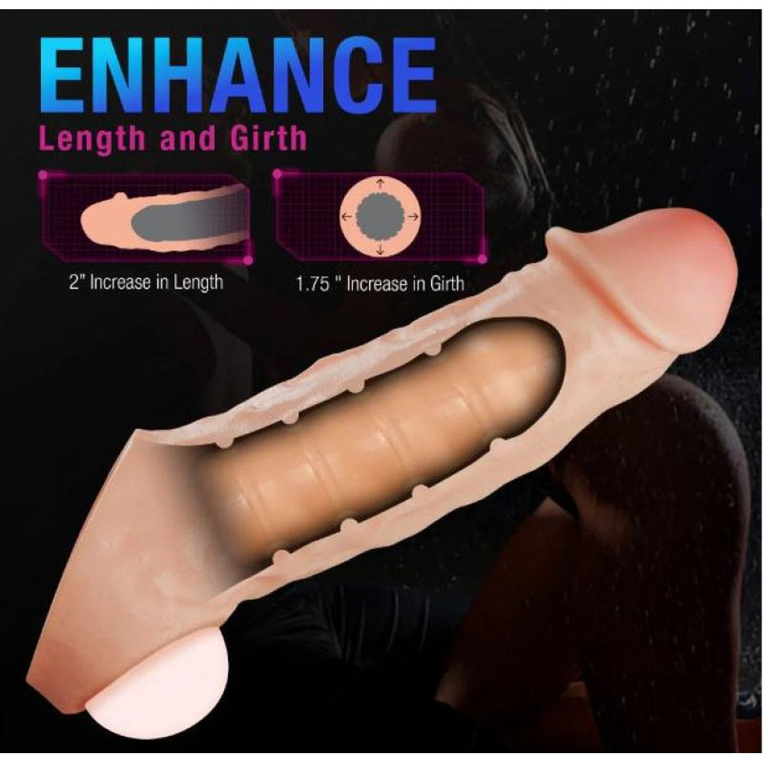 An image of the Performance Plus Intrepid 2" Penis Xtender - Beige by Blush Novelties highlights this penis extender with dual density silicone. The sleeve offers a 2-inch increase in length and a 1.75-inch enhancement in girth, designed to fit securely over an existing object to improve both size and performance.