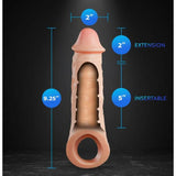 The Blush Novelties Performance Plus Intrepid 2" Penis Xtender - Beige boasts a dual density silicone sleeve with a rounded tip and open base, highlighted beautifully against a dark background. It measures 9.25 inches in total length, offering an insertable length of 5 inches with an additional 2-inch extension, complete with blue measurement labels for precise use.