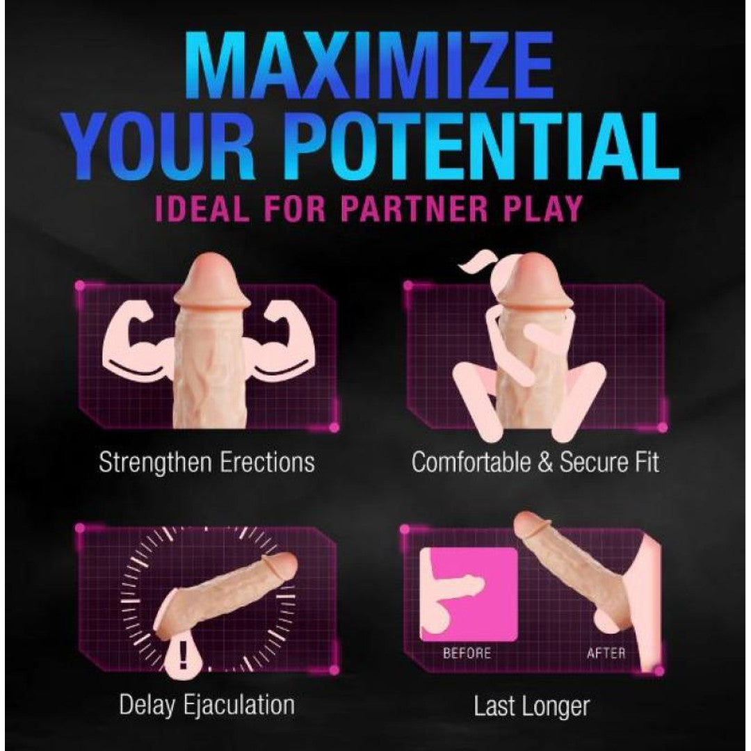 This lively graphic advertisement spotlights Blush Novelties' Performance Plus Intrepid 2" Penis Xtender in beige, a male enhancement product crafted from Dual Density Silicone. The ad includes cartoon depictions of its phallic shape and emphasizes benefits such as "Strengthen Erections," "Comfortable & Secure Fit," and "Last Longer," with an impactful before-and-after visual comparison.