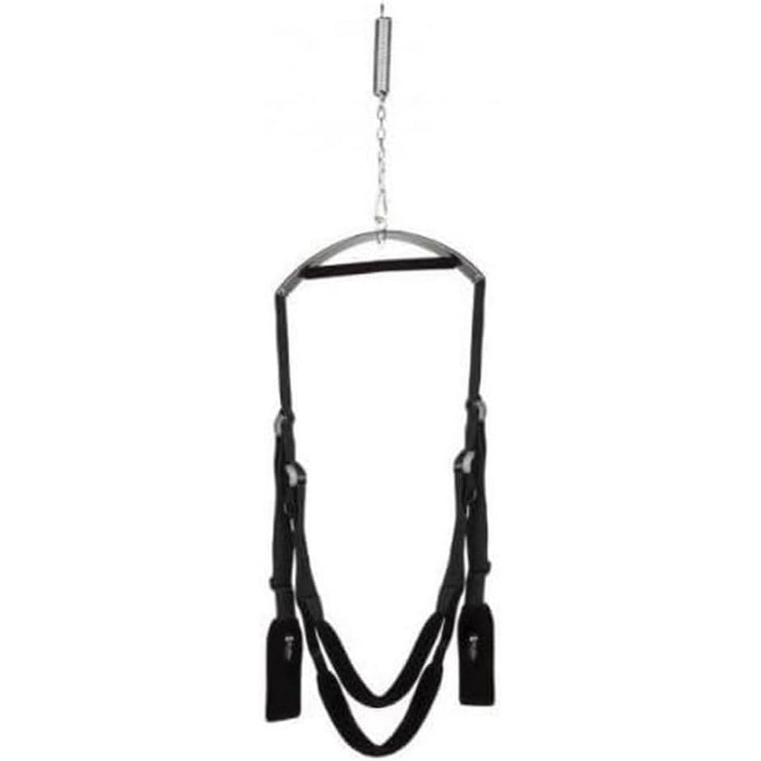 The Lux Fetish Fantasy Swing by Lux Fetish is a black aerial yoga swing featuring adjustable straps and handles, suspended from a metal chain and spring, ideal for supporting various yoga poses and exercises.