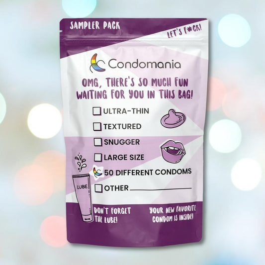 The "50 DIFFERENT Condoms" from Condomania in purple and white packaging showcases bold text promoting ultra-thin, textured, snugger fit, large sizes, and a variety of 50 condoms for ultimate exploration. Don't forget the lube—your new favorite is inside!. 1080