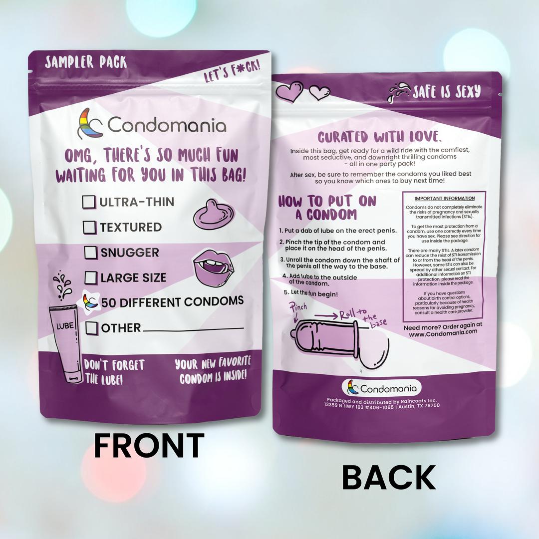 The Condomania 50 DIFFERENT Condoms Sampler Pack's packaging features playful text and illustrations. The front lists a variety of condom types, flavors, and textures while promoting inclusivity. The back includes fun graphics with clear instructions on proper use and key safety reminders.