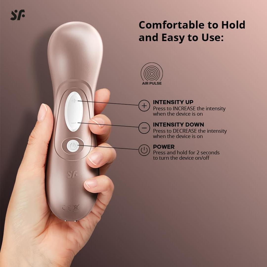 A hand holds the Satisfyer Pro 2 Next Generation by Satisfyer, featuring labeled buttons for air pulse, intensity up/down, and power. Text: “Comfortable to Hold and Easy to Use.” Delivers gentle pressure wave stimulation.