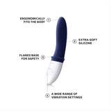 The LELO Billy 2 Vibrating Prostate Massager in Deep Blue features ergonomic design, ultra-soft silicone, a flared safety base, waterproof build, and multiple vibration settings for tailored pleasure.