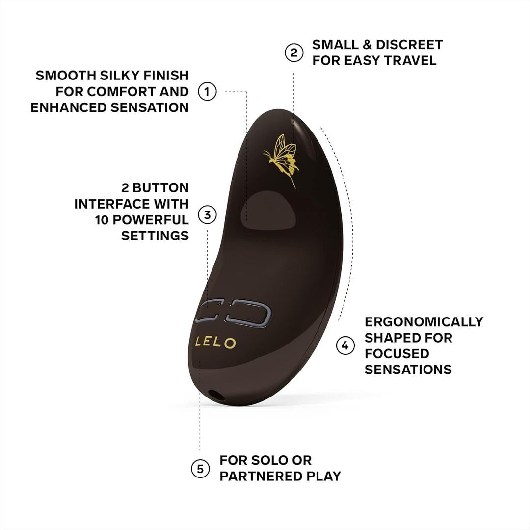 The LELO Nea 3 – Pitch Black by LELO is a black handheld vibrator with gold accents, an ergonomic shape, two buttons, a bee motif, 10 settings, smooth silky finish, discreet size, and pinpoint stimulation for solo or partnered play.