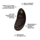 The LELO Nea 3 – Pitch Black by LELO is a black handheld vibrator with gold accents, an ergonomic shape, two buttons, a bee motif, 10 settings, smooth silky finish, discreet size, and pinpoint stimulation for solo or partnered play.