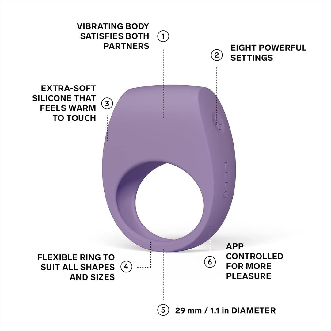 Experience the LELO Tor 3 - Violet Dusk, a purple silicone vibrating couples' ring by LELO featuring eight settings, extra-soft material, flexible 29 mm ring, vibrating body, and app connection for enhanced pleasure.