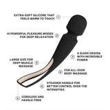 The LELO Smart Wand 2 Large by LELO is a luxury black massager featuring extra-soft silicone, 10 massage patterns, cordless design, large size, steady handle, and powerful build for deep muscle and full-body stress relief.
