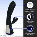 The OhMiBod Fuse Interactive Dual Stimulator in black, from the brand OhMiBod, is displayed. It includes a metallic handle, LED lights for visual feedback, Bluetooth capability, and compatibility with Kiiroo products. The device is crafted for interactive experiences with effortless app control.