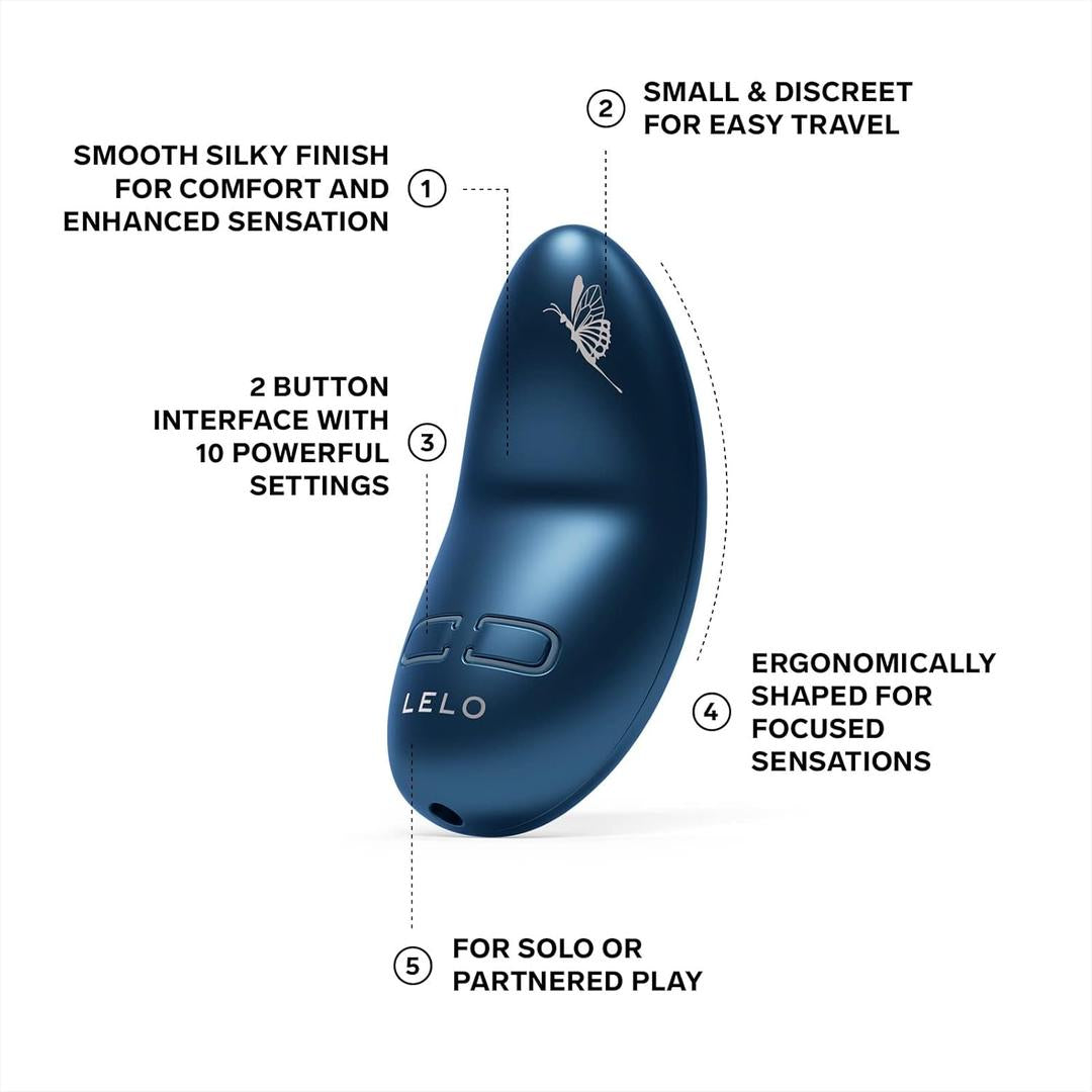 The LELO Nea 3 - Alien Blue is a smooth, silky, curved massager with a discreet size, ergonomic design, and 2-button pleasure settings—ideal for solo or partnered play. Features are labeled; bee graphic included.