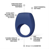 The LELO Tor 3 - Base Blue by LELO is shown with labels spotlighting its vibrating body, eight settings, extra-soft and flexible body-safe silicone, app control, and a 29 mm (1.1 in) diameter.