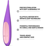 The LELO DOT Travel Clitoral Pinpoint Vibrator Purple, a sleek and stylish device, is showcased alongside key features: "Precise stimulation with soft & bendable tip," "Elliptical motion featuring LELO DOT’s Infinite Loop Technology," "Powerful performance in a small and subtle design," and "Your perfect travel companion.