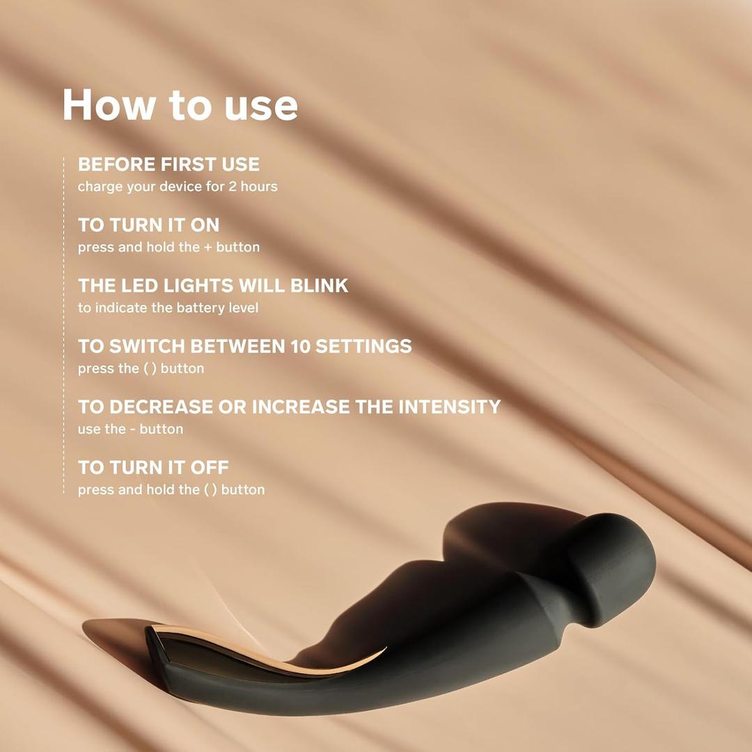 The LELO Smart Wand 2 Large - Luxury Wand Massager Black by LELO rests on a beige surface. Overlay text shows how to power on, cycle through 10 stress-relief settings, adjust intensity, and turn off the massager.