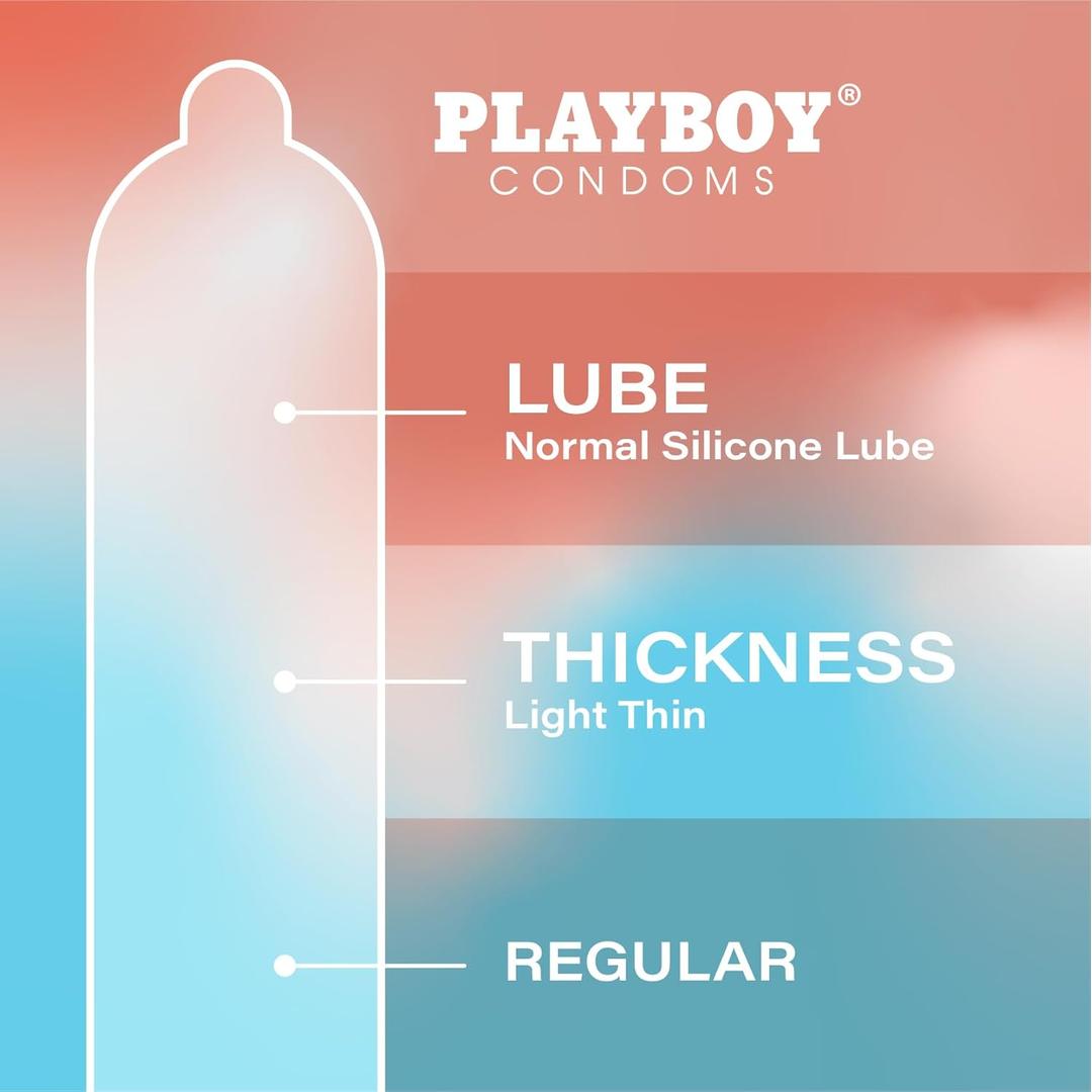 Diagram of a condom labeled "Normal Silicone Lube," "Light Thin," and "Regular." Gradient blue, pink, and white background features "Playboy Condoms - Ultra Light XL Extra Large" by Playboy for ultra thin, extra large condoms.