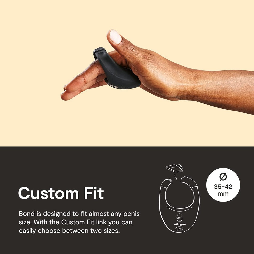 A hand holds a small black device. Below, text reads: "Custom Fit. The We-Vibe Bond App Controlled Vibrating Cock Ring is designed to fit almost any penis size with the Custom Fit link." A diagram of the silicone vibrating cock ring with two adjustable sizes is displayed on the right, showcasing its versatility.