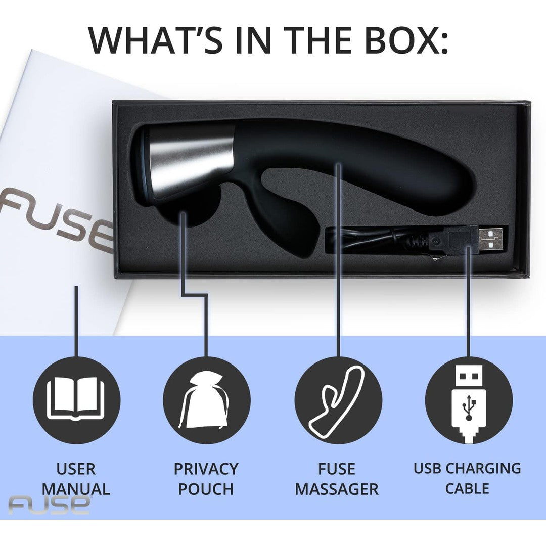 The image displays an open box containing a black OhMiBod Fuse Interactive Dual Stimulator massager, a USB charging cable, and a privacy pouch. Text reads "WHAT'S IN THE BOX" next to icons for a user manual, privacy pouch, Bluetooth-enabled OhMiBod Fuse massager, and USB charging cable.