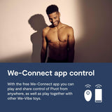 A shirtless man smiles and stands against a shadowed background. The text below reads: "We-Vibe Pivot Penis Ring with Smart App. With the free We-Connect app, you can play and share control of your Pivot Vibrator from anywhere, as well as play together with other We-Vibe toys." Two icons are shown to the right.