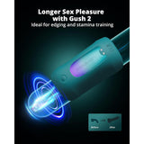 Image of the teal Lovense Gush 2 Remote-controlled Penis Vibrator, displaying a sleek design with a glowing effect around its head. Text above says, "Longer Sex Pleasure with Gush 2" and highlights its suitability for edging and stamina training.