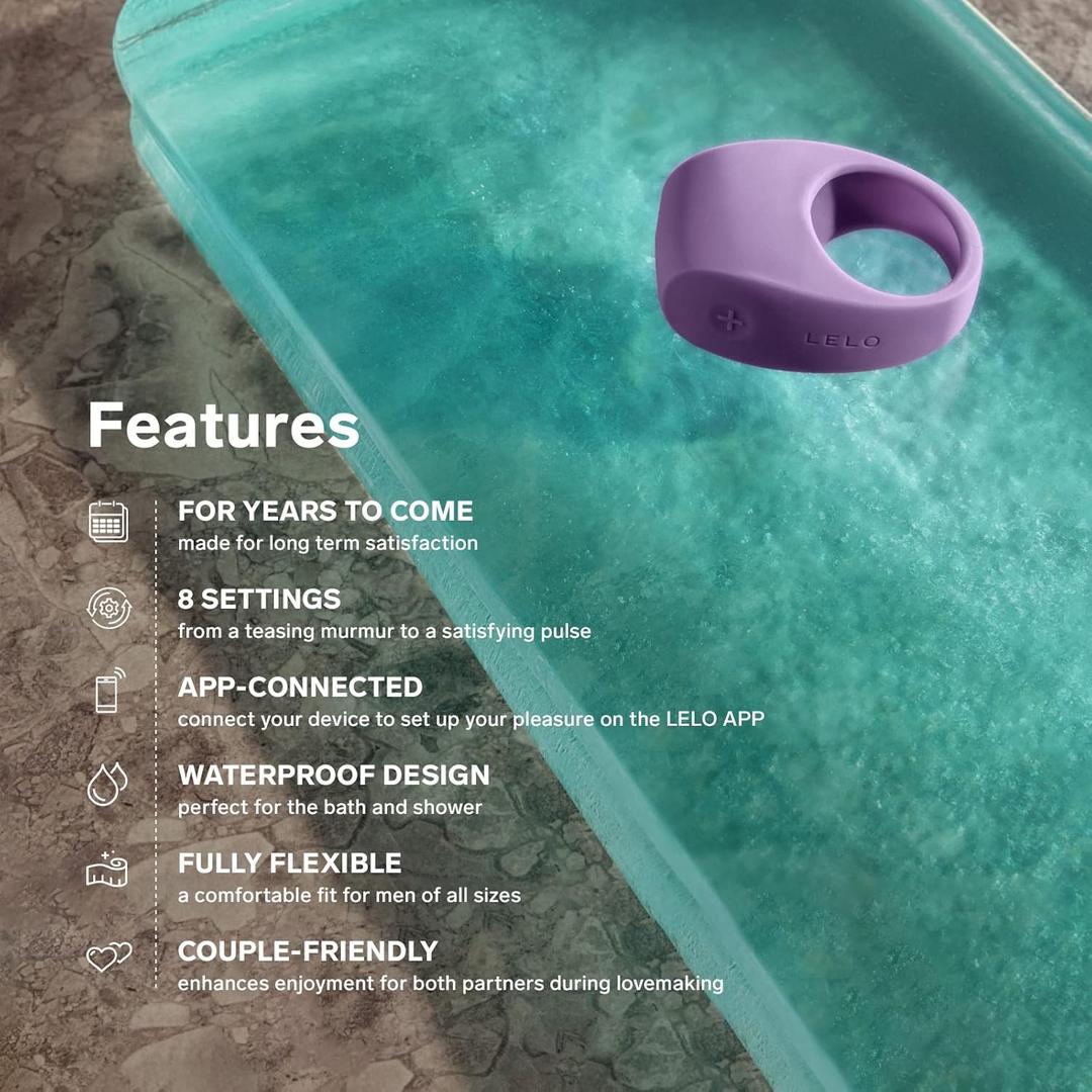 A blue LELO Tor 3 couples' ring made of body-safe silicone sits on a turquoise surface, highlighting long-term use, 8 settings, app connectivity, waterproof design, flexibility for all, and couple-friendly features.