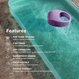 A blue LELO Tor 3 couples' ring made of body-safe silicone sits on a turquoise surface, highlighting long-term use, 8 settings, app connectivity, waterproof design, flexibility for all, and couple-friendly features.