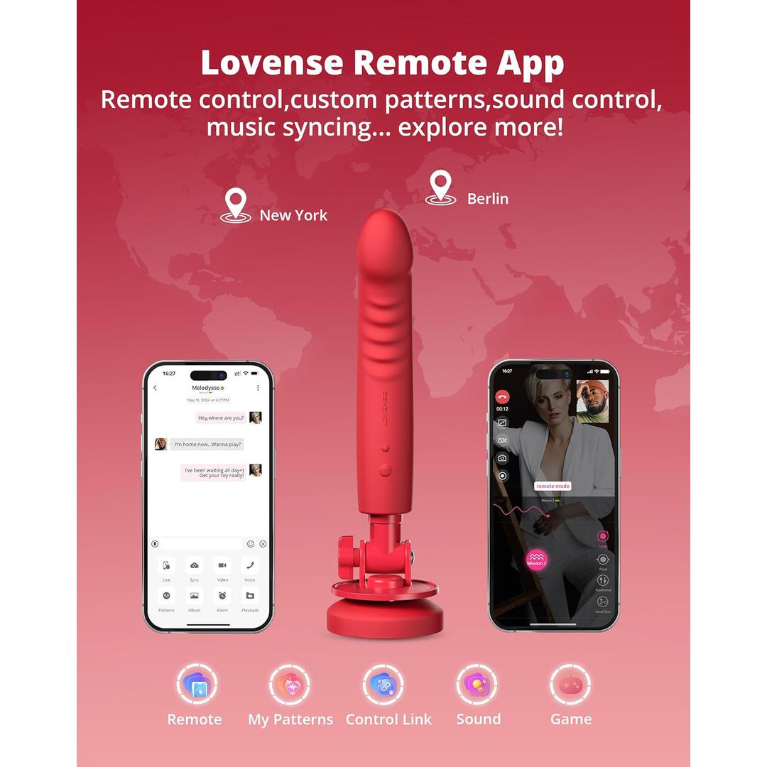 The promotional image for the Lovense Remote App features a Lovense Mission 2 Vibrating Suction Cup Dildo in red with Touch-Sense Technology, positioned between two smartphones displaying app interfaces. A world map marks New York and Berlin, with icons illustrating Remote, My Patterns, Control Link, Sound, and Game features.