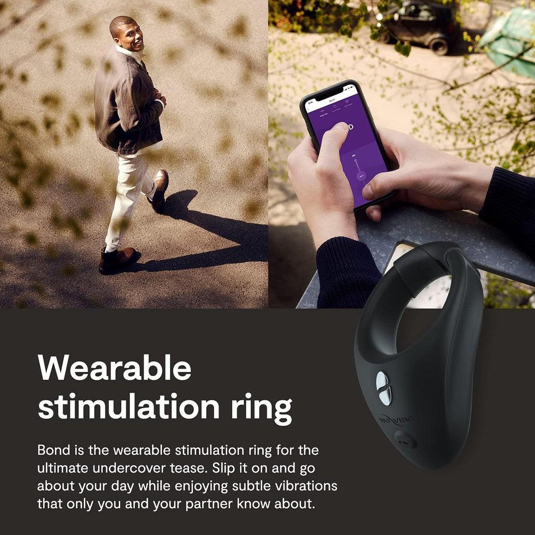 A man is walking outside with a relaxed smile, holding a smartphone displaying an app interface. Below, an image of a silicone wearable stimulation ring device is shown. Text reads: "We-Vibe Bond App Controlled Vibrating Cock Ring - The ultimate undercover tease from We-Vibe.