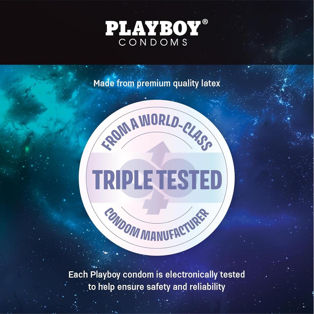 Playboy Condoms - Pause Play Longer packaging has a space-themed background and a circular badge: "From a World-Class Condom Manufacturer – Triple Tested." It highlights electronic testing and premium lubrication for safety and reliability.